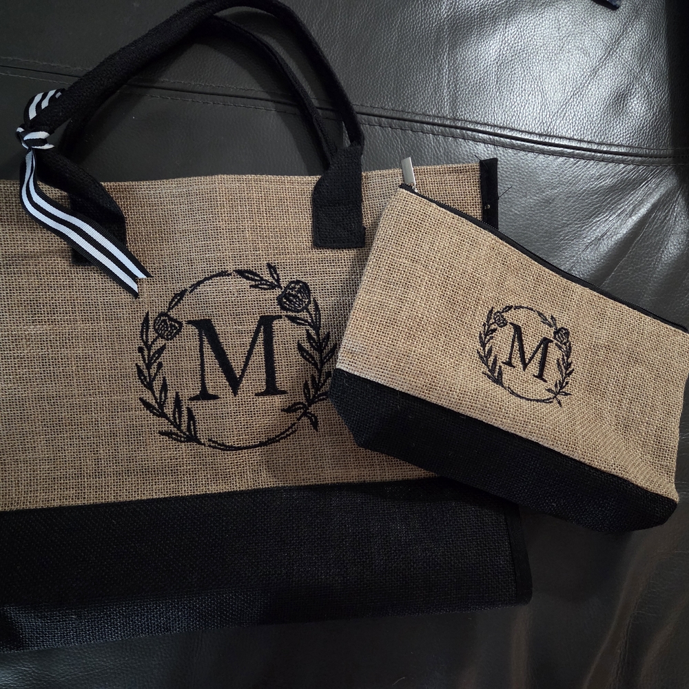Monogrammed Burlap Tote and Pouch Set